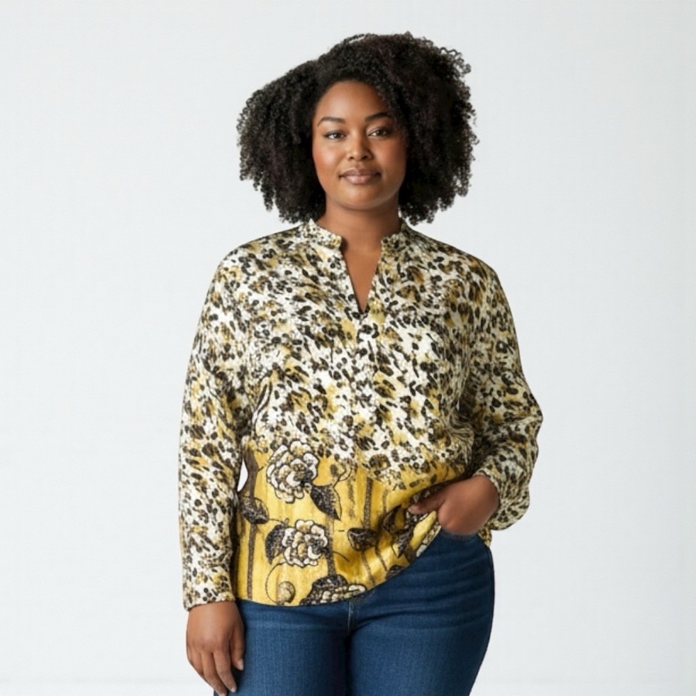 Chico's Gold and Cream Floral Flower Animal Print Blouse Tunic 3 or XL or 16
